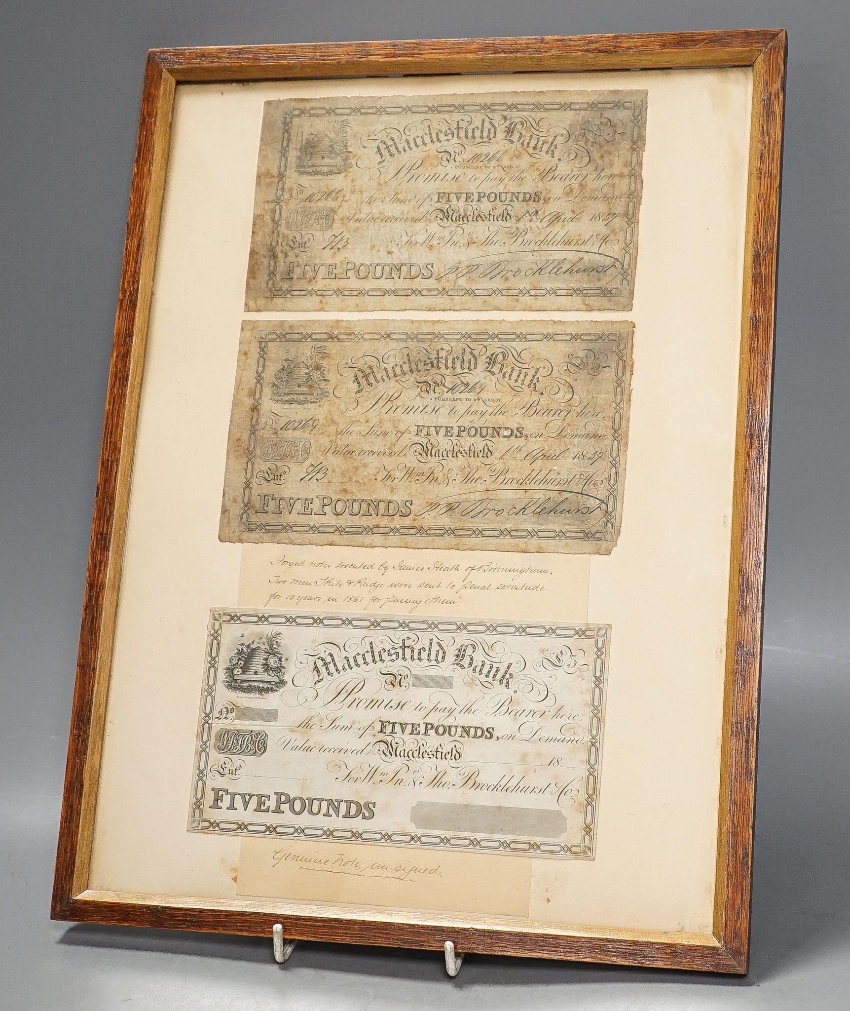 Three framed £5, Macclesfield bank notes, mid 19th century.